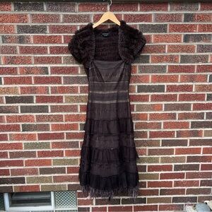 BCBGMaxAzria Brown Rabbit Fur Shawl Ostrich Feather Vintage Dress Set